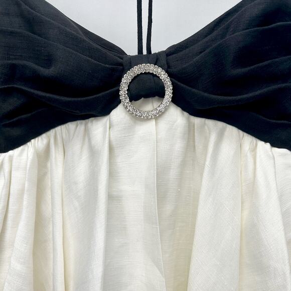 NWT Rasario Linen Off Shoulder Mini Dress, Black/White/Crystal, FR36/US4 - Picture 7 of 14